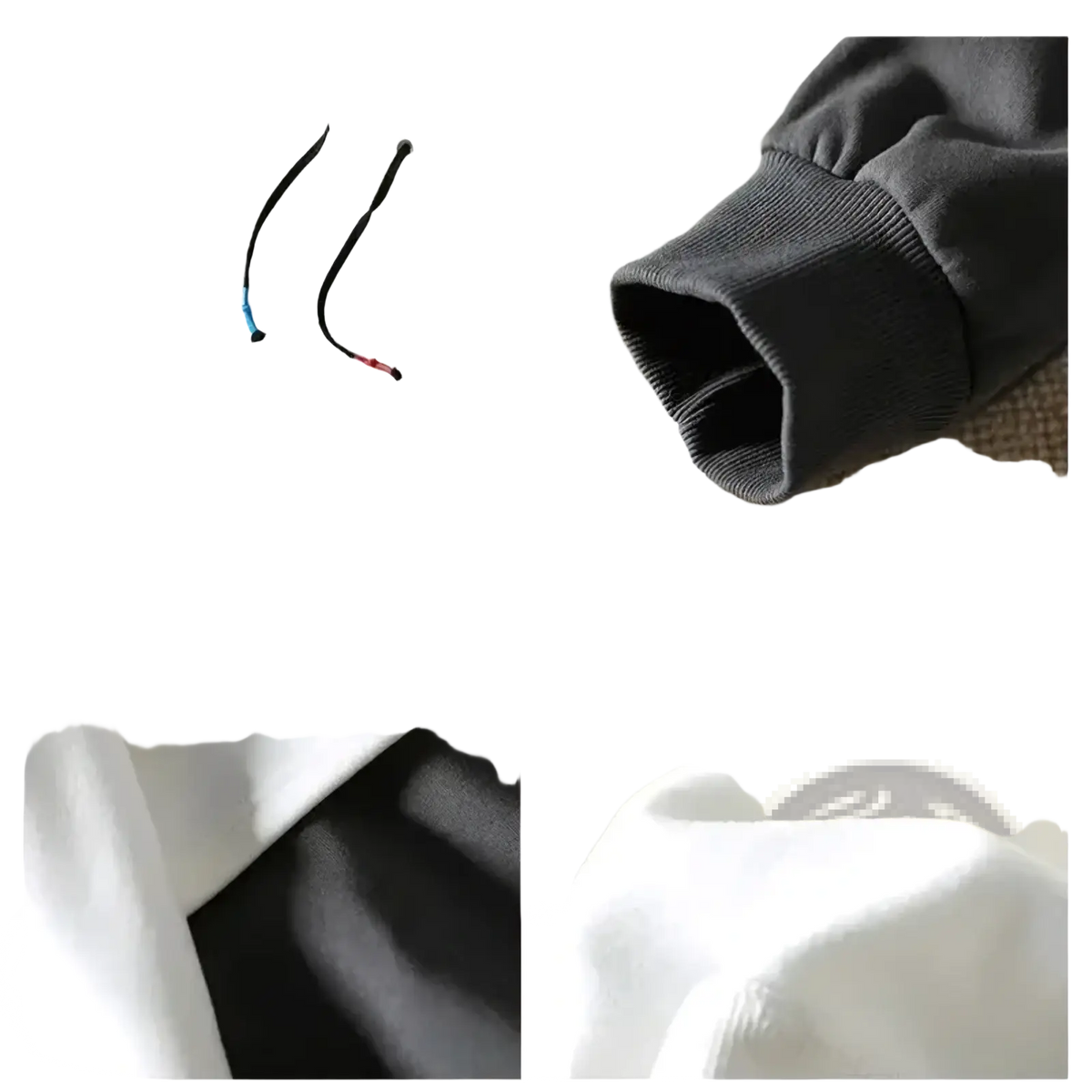 Patchwork zip men hoodie streetwear casual sweatshirt in white with black drawstrings, ribbed cuffs, and dark interior lining