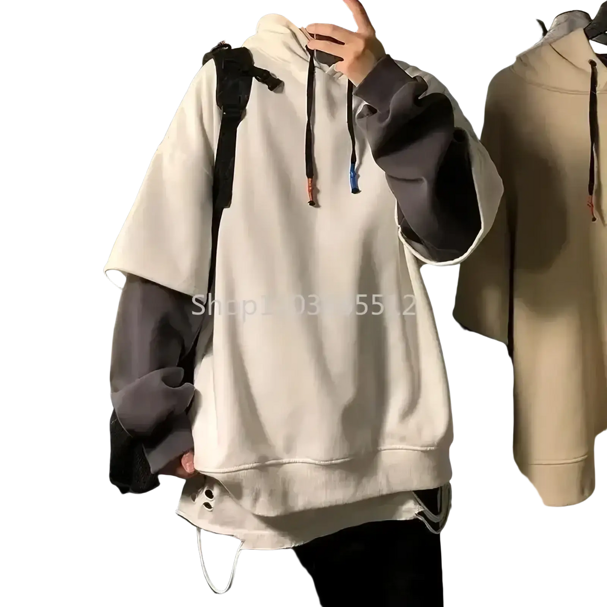 Off-white and charcoal gray two-tone zip men hoodie with contrasting drawstrings and subtle side slits for casual wear