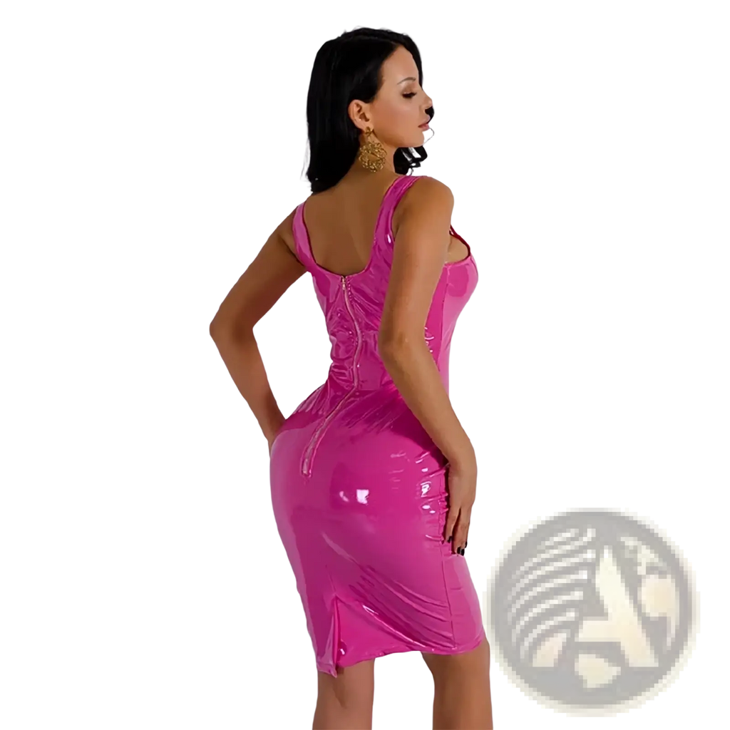 Glossy pink latex patent leather bodycon mini dress with thin straps and back zipper shown from the back side