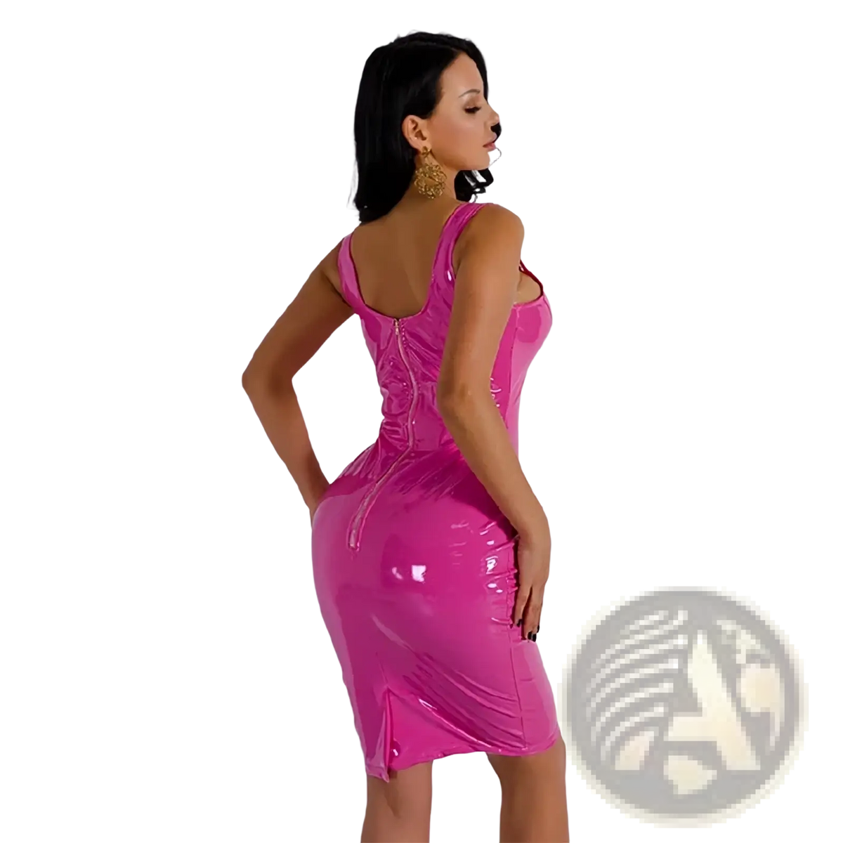Glossy pink latex patent leather bodycon mini dress with thin straps and back zipper shown from the back side