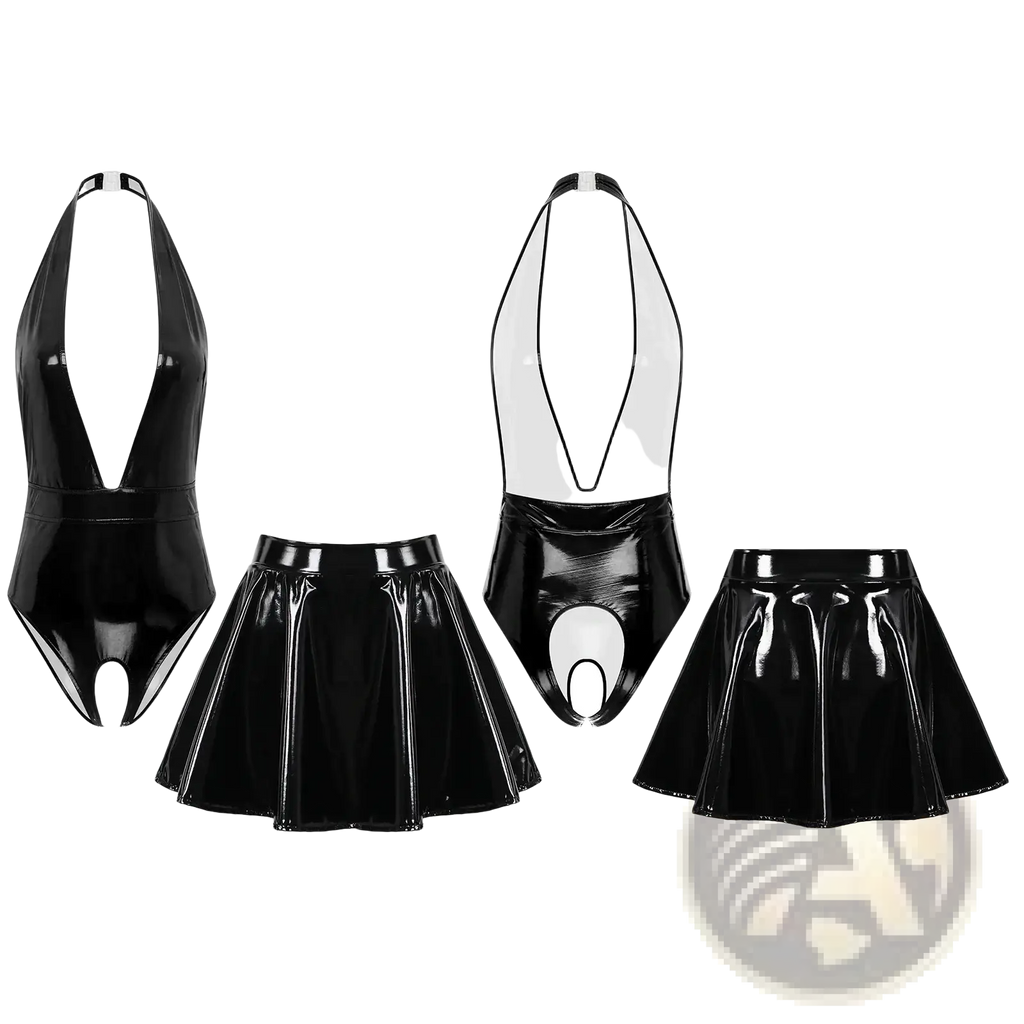Black patent leather crotchless bodysuit with halter neckline and matching flared skirt front view