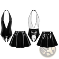 Black patent leather crotchless bodysuit with halter neckline and matching flared skirt front view