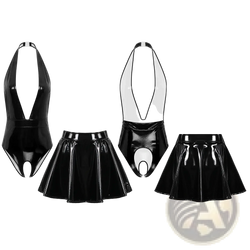 Black patent leather crotchless bodysuit with halter neckline and matching flared skirt front view