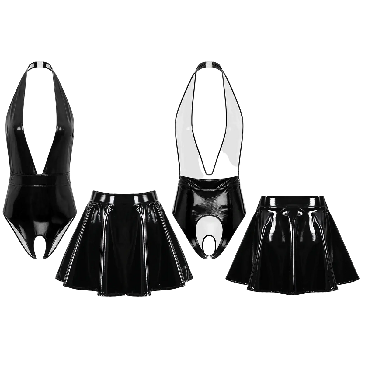 Black patent leather crotchless bodysuit with halter neckline and matching flared skirt front view