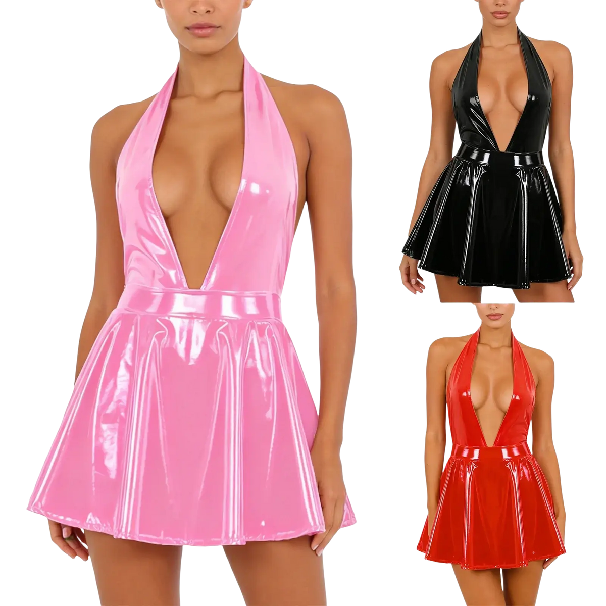 Pink shiny latex halter mini dress with deep v-neckline and flared skirt in patent leather crotchless bodysuit set