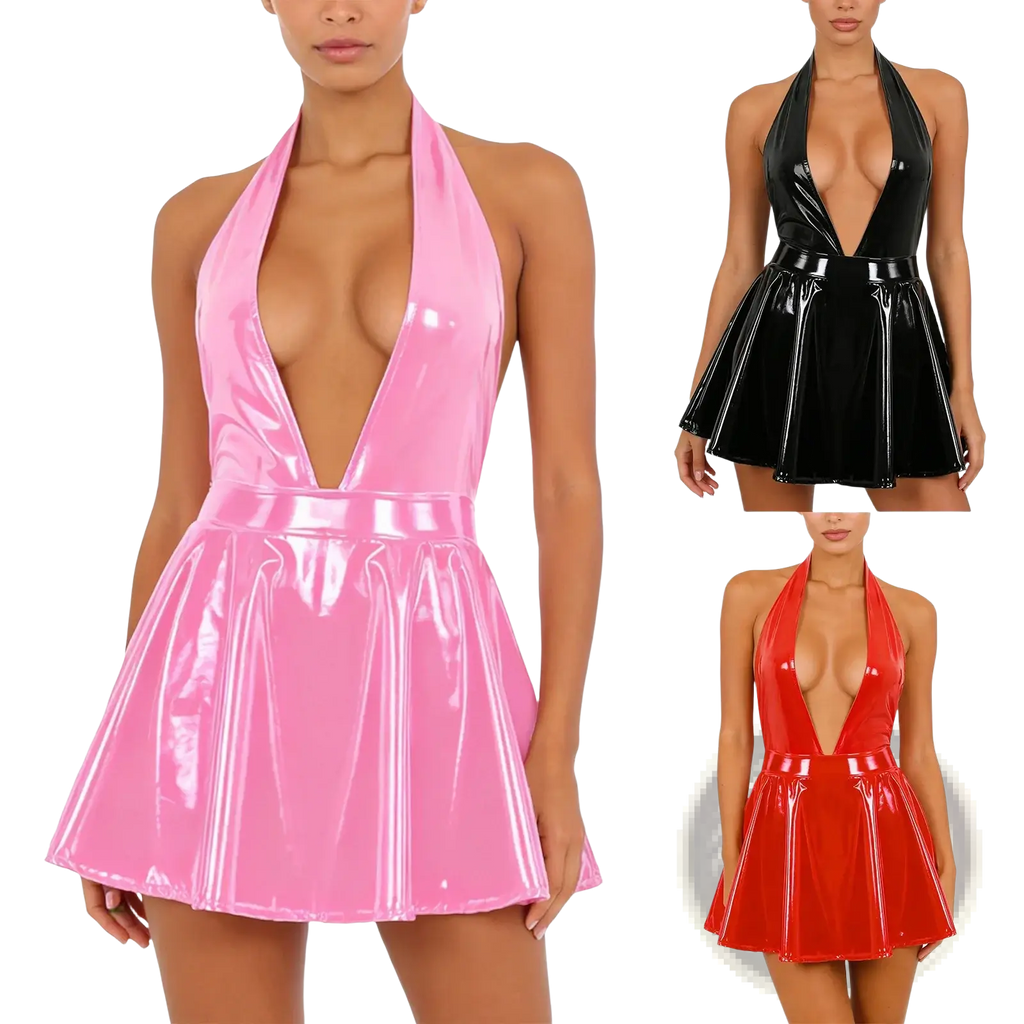 Pink shiny latex halter mini dress with deep v-neckline and flared skirt in patent leather crotchless bodysuit set
