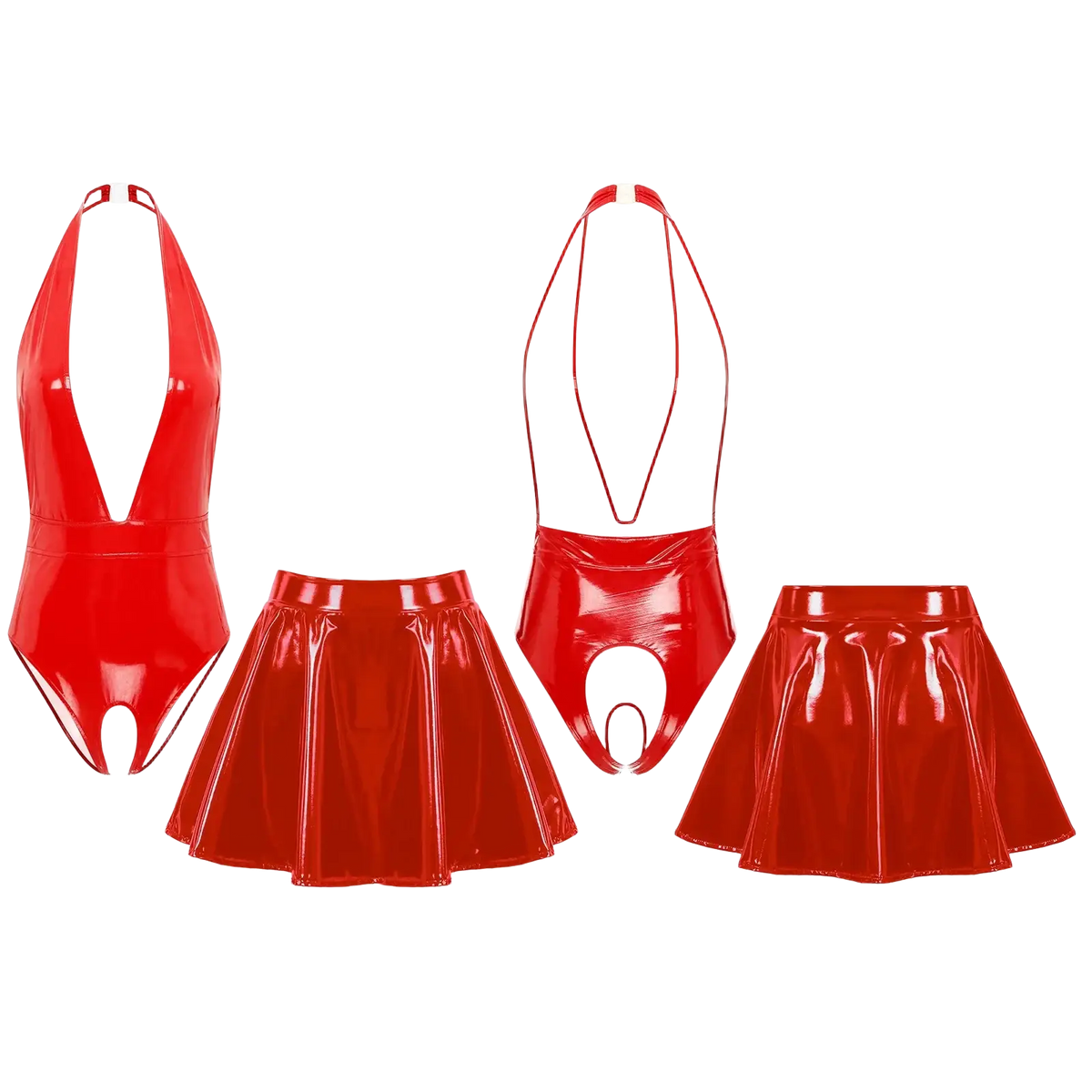 Red patent leather crotchless bodysuit and pleated skirt set with plunging v-neckline designed for bold fashion