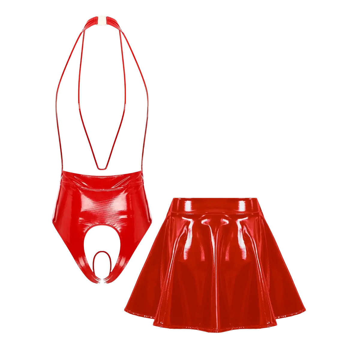 Red patent leather crotchless bodysuit with halter neckline paired with matching red pleated mini skirt