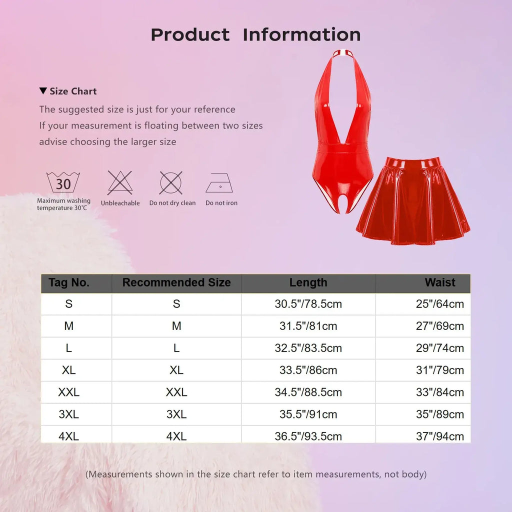 Red glossy latex patent leather crotchless bodysuit with halter neckline and matching pleated skirt front view