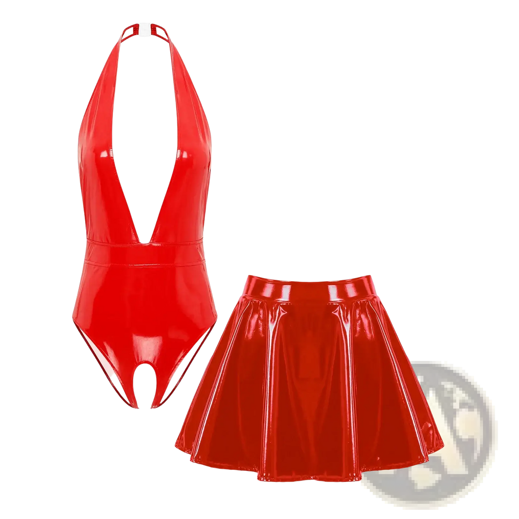 Red patent leather crotchless bodysuit with halter neck and matching red pleated mini skirt set front view