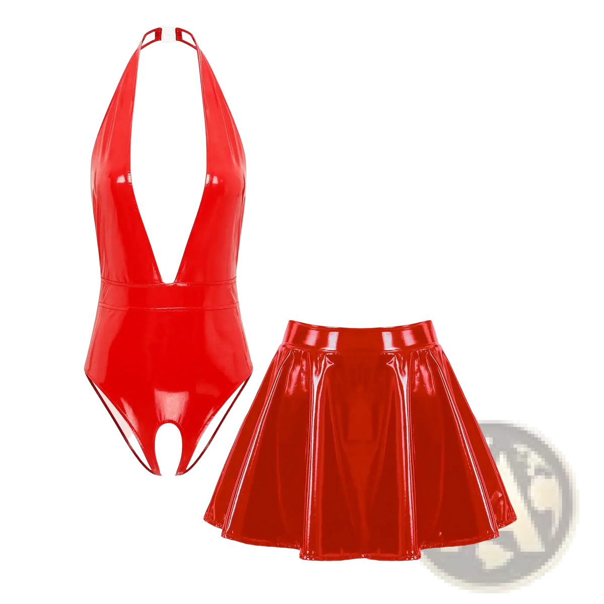 Red patent leather crotchless bodysuit with halter neck and matching red pleated mini skirt set front view