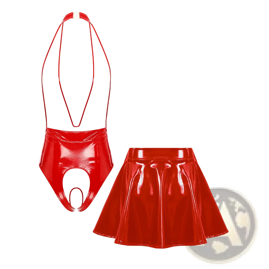 Red patent leather crotchless bodysuit with halter neckline paired with matching red pleated mini skirt