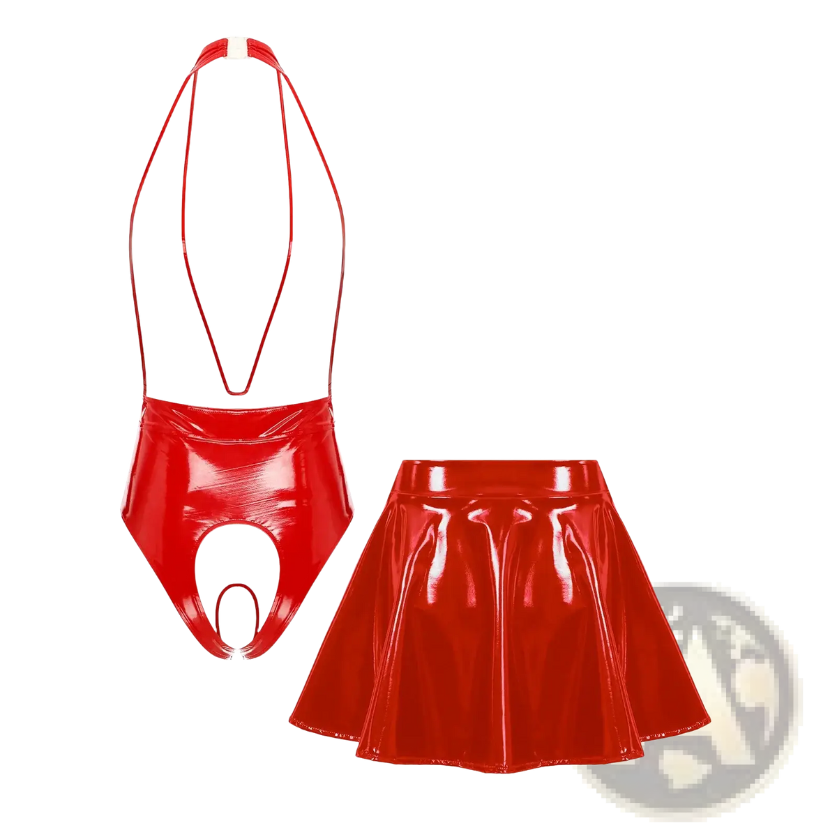 Red patent leather crotchless bodysuit with halter neckline paired with matching red pleated mini skirt