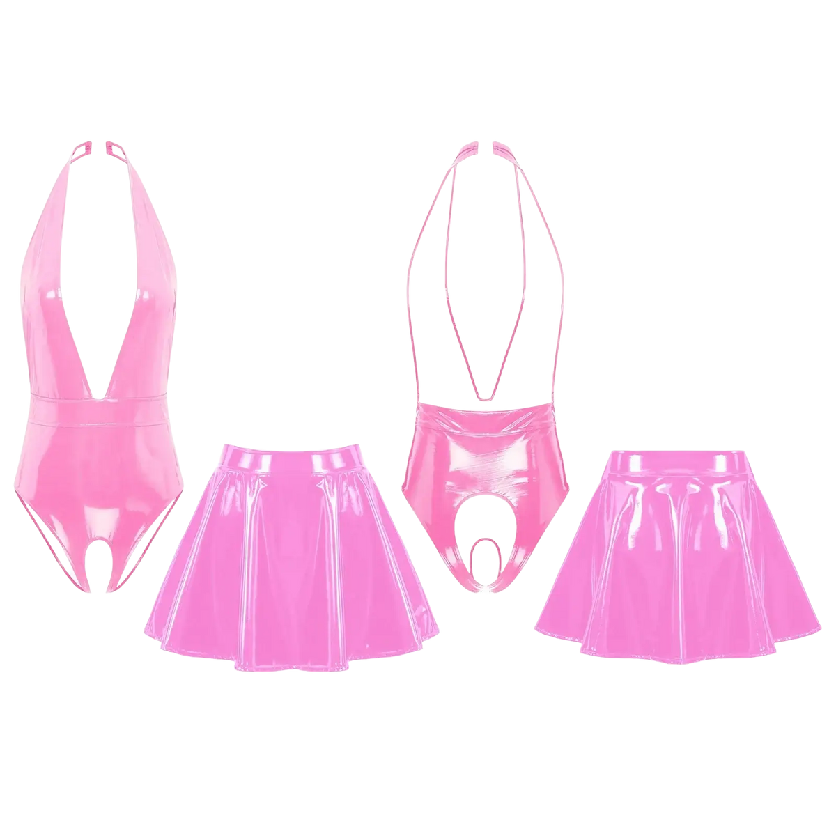 Set of two shiny pink patent leather crotchless bodysuits with matching pleated skirts for bold swimwear styles