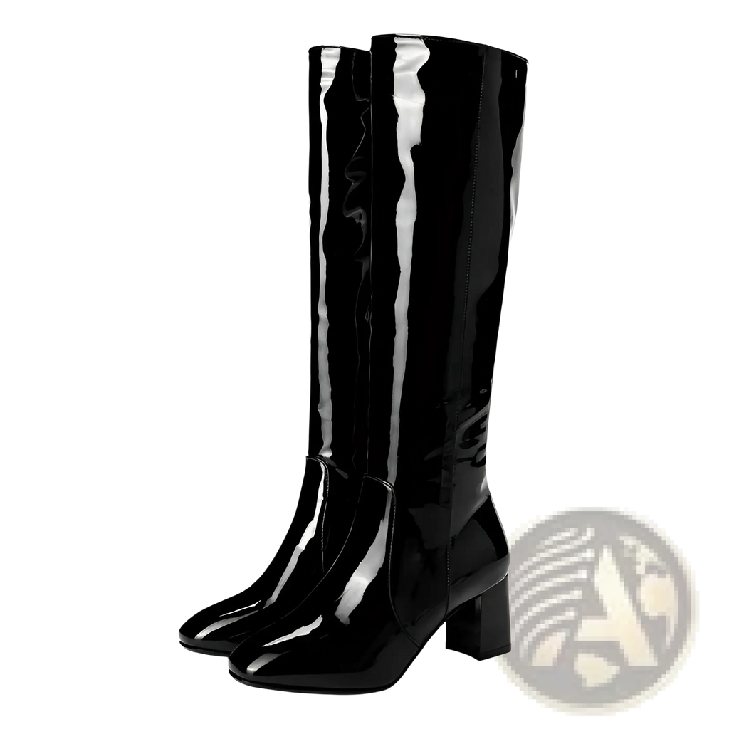 Black patent leather knee high boots with square toe and block heel shown from the back side