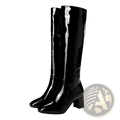 Black patent leather knee high boots with square toe and block heel shown from the back side