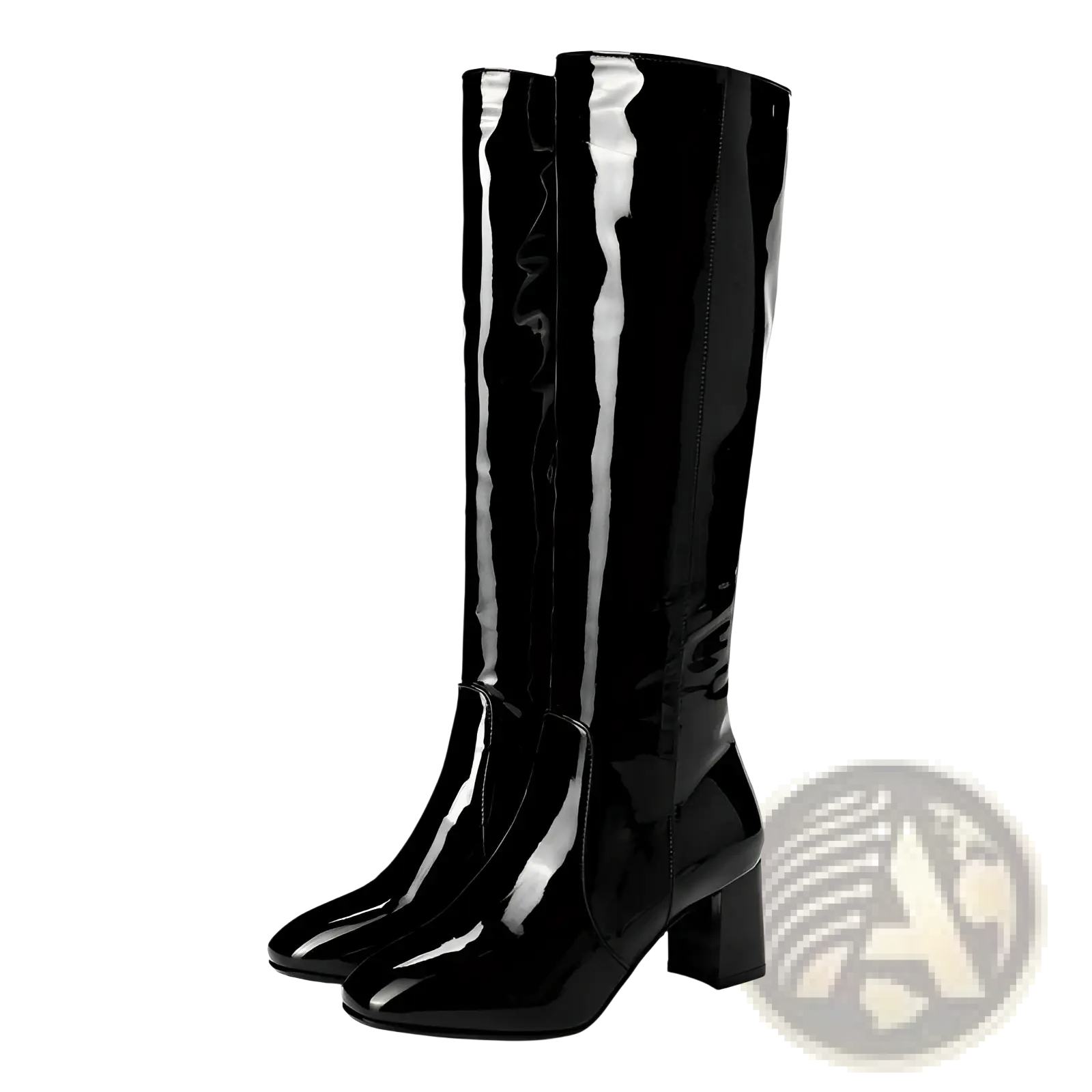 Black patent leather knee high boots with square toe and block heel shown from the back side
