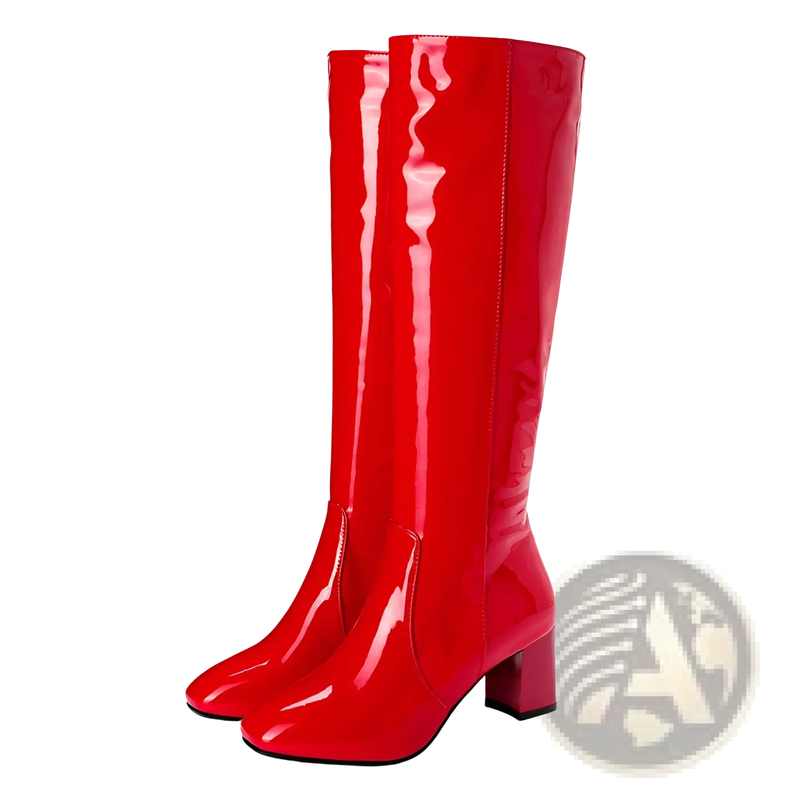 Vibrant red patent leather knee high boots with a square toe and block heel for stylish wear