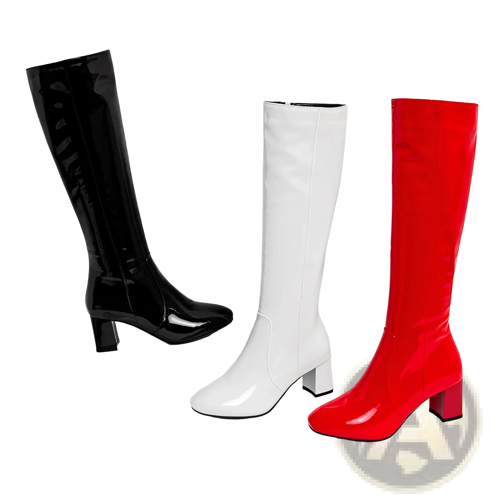 Patent leather knee high block heel square toe boots in black white and red with a glossy finish and contrasting colors