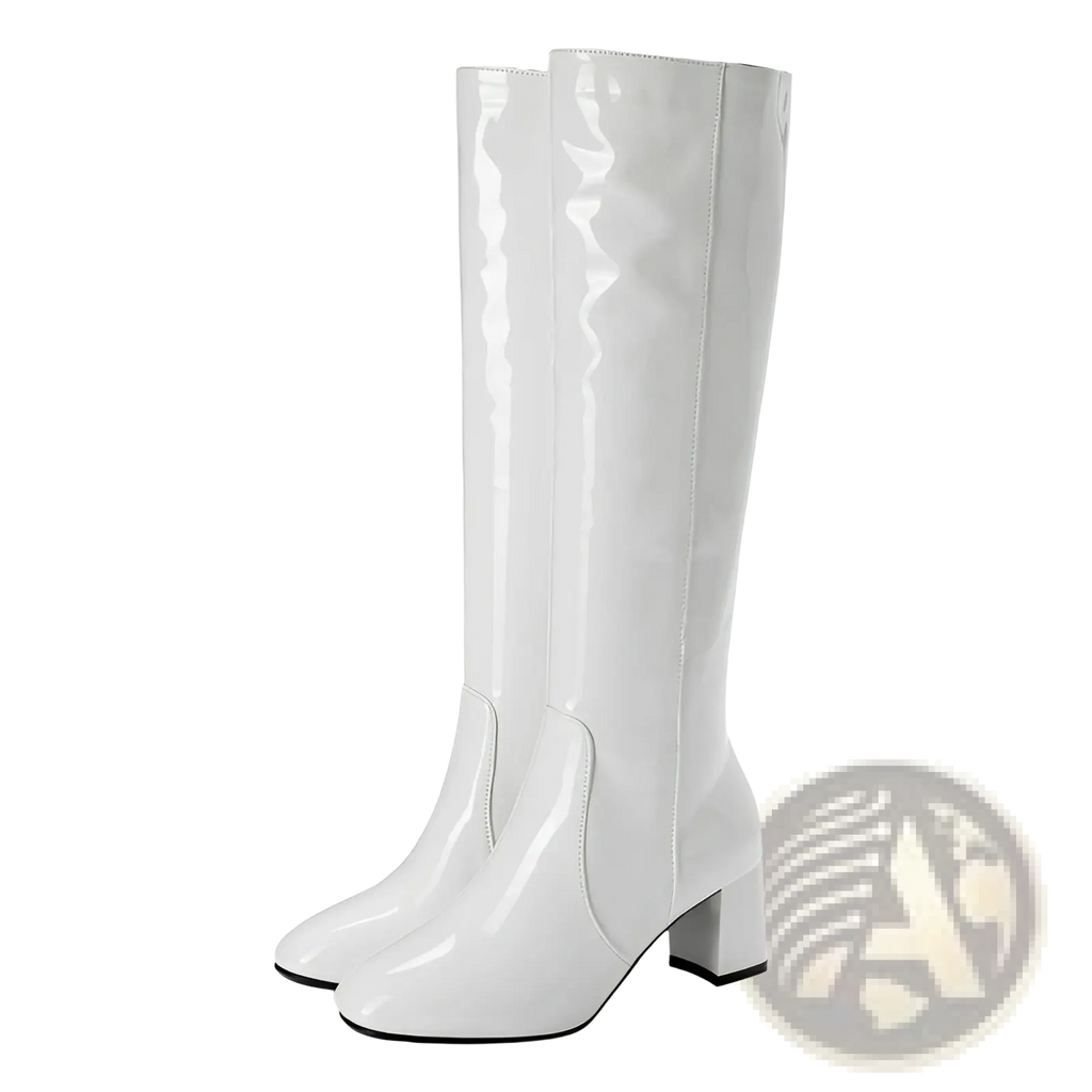 White patent leather knee high block heel boots with square toe and sleek glossy finish