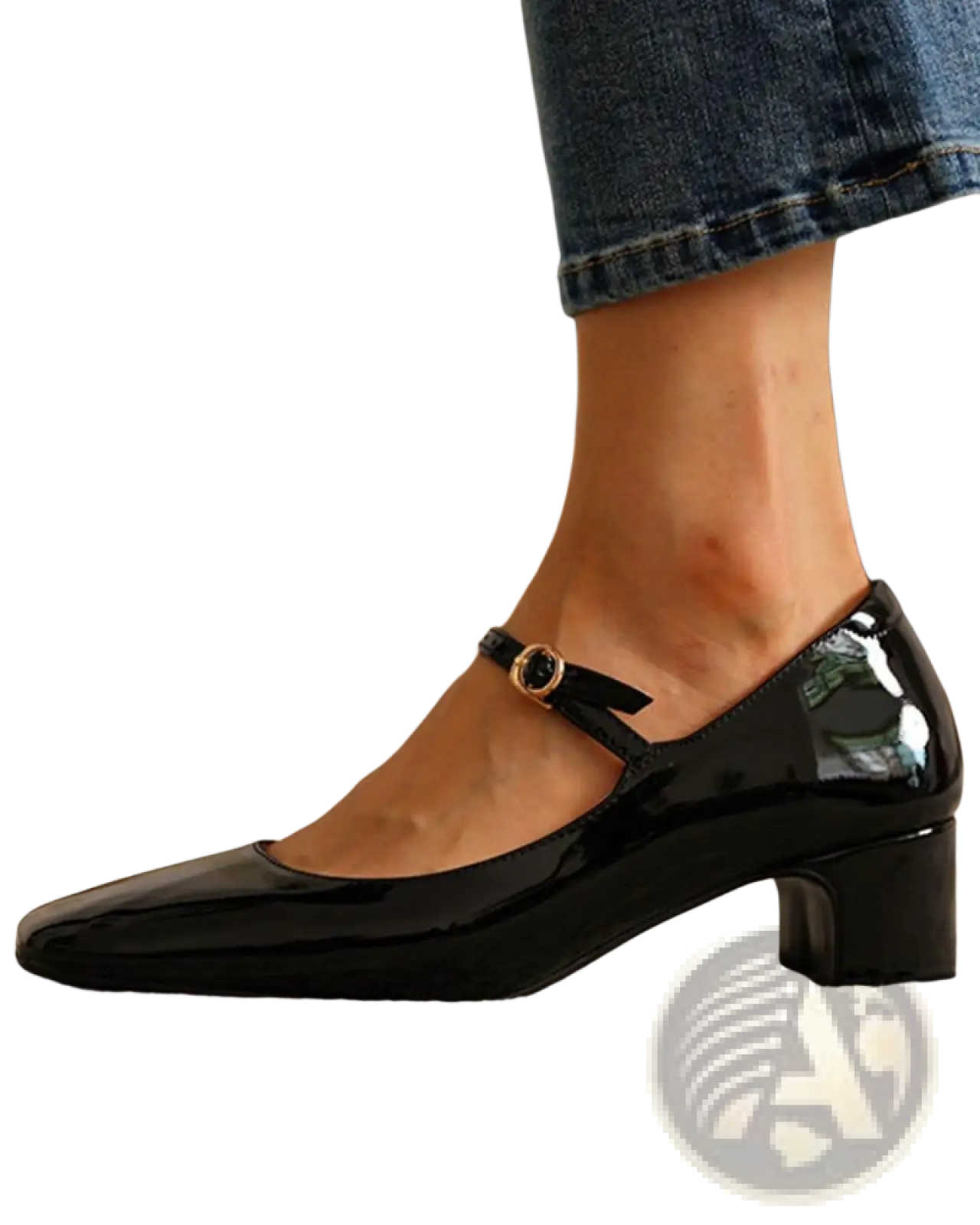 Black patent leather mary jane block heel shoe with square toe and gold-toned buckle for elegant wear