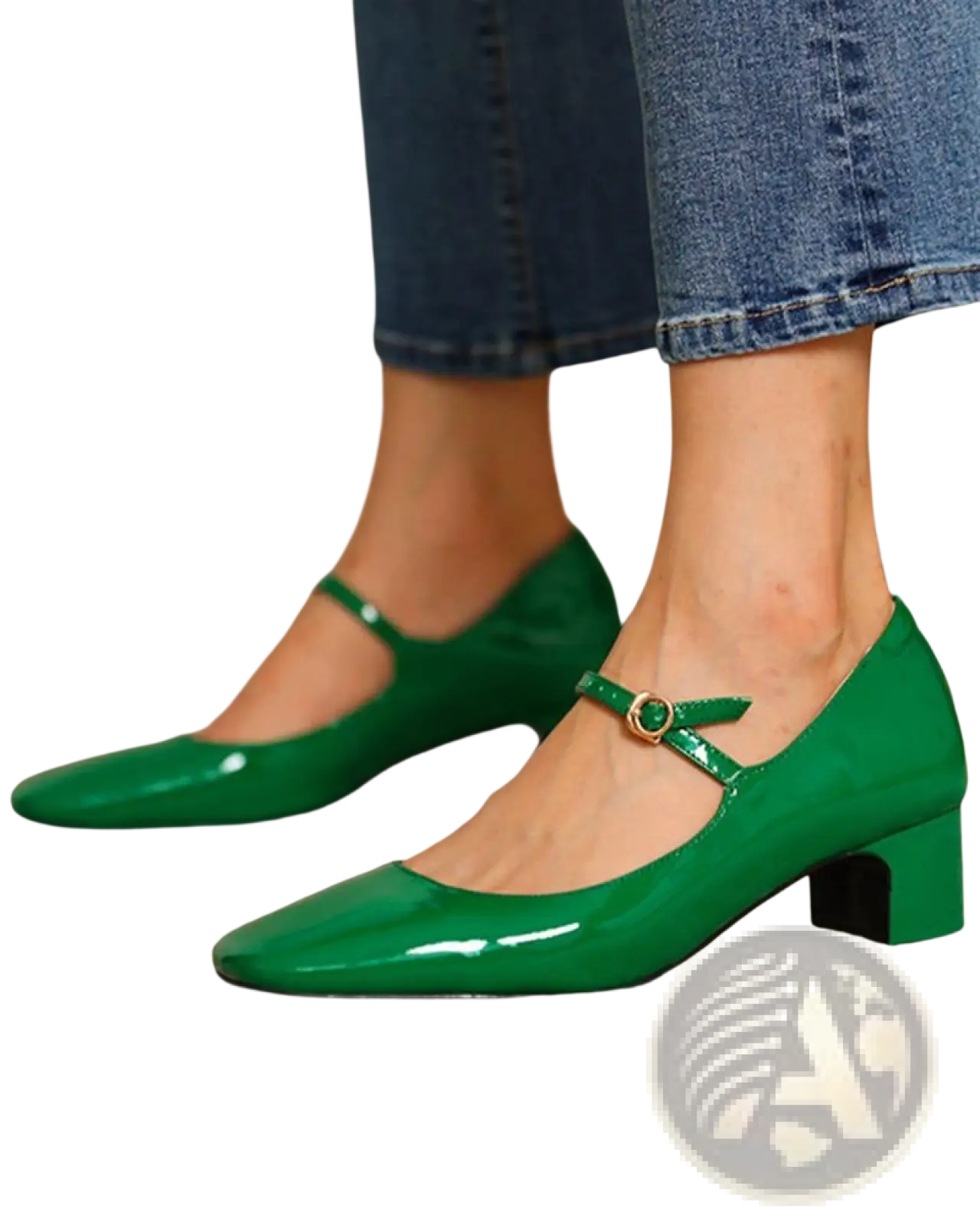 Vibrant green patent leather mary jane block heel shoes with square toe and gold-toned buckle detail