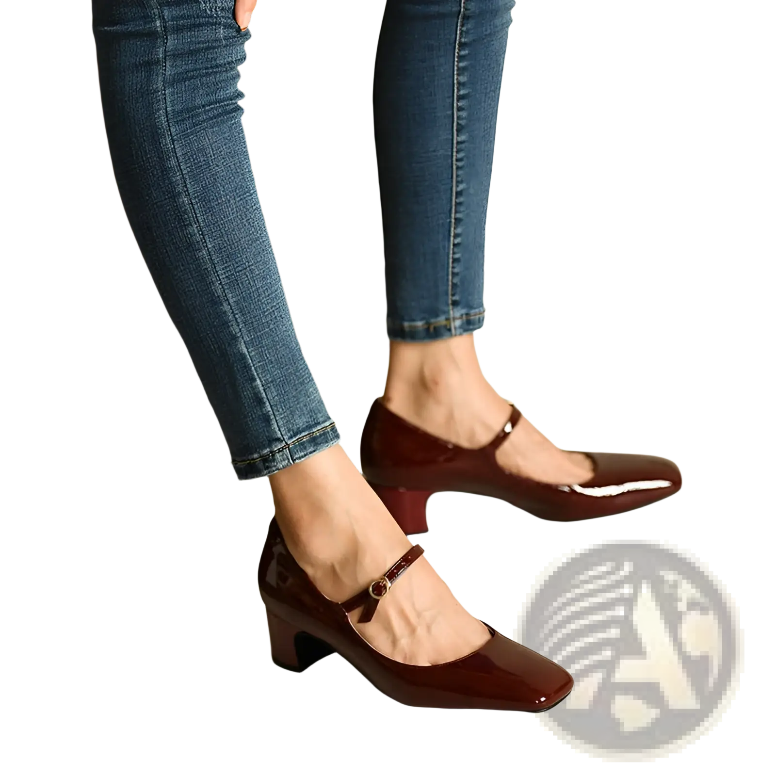 Burgundy patent leather mary jane block heel shoes with square toe and low block heel displayed from the back
