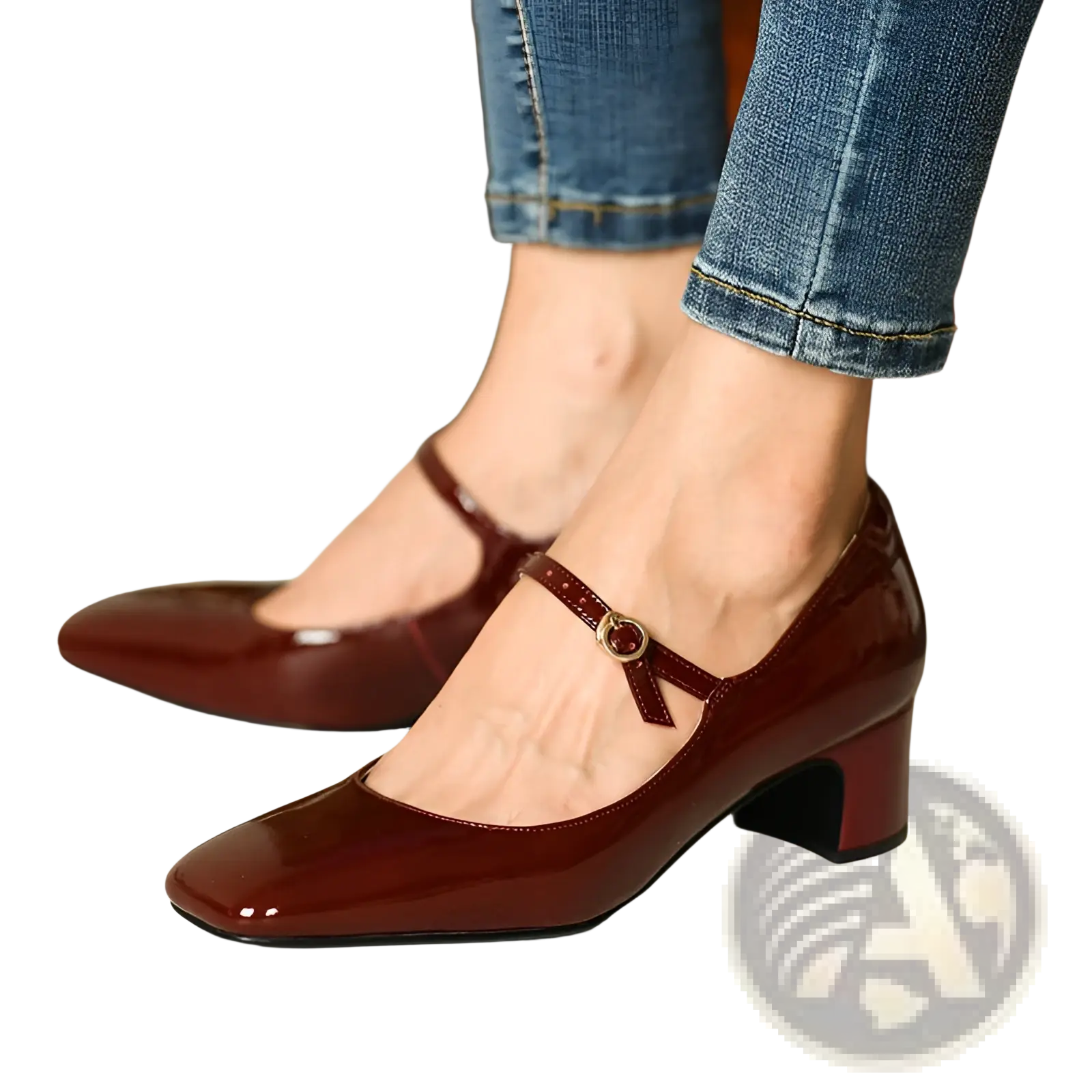 Burgundy patent leather mary jane block heel shoes with square toe and low block heel for stylish wear