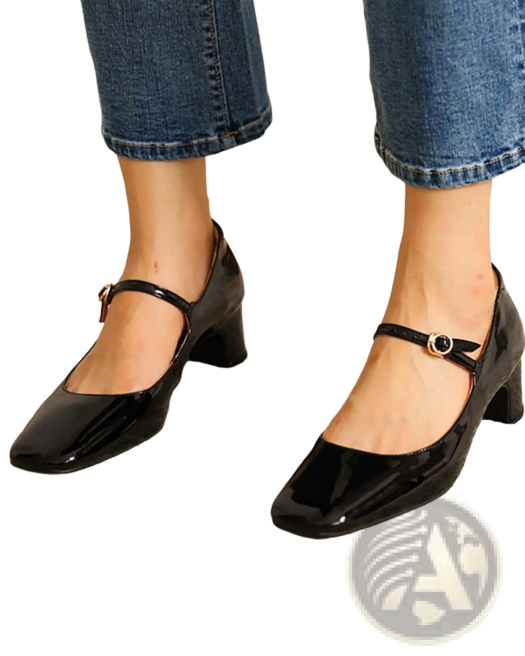 Black patent leather Mary Jane block heel shoes with square toe and low heel for stylish comfort