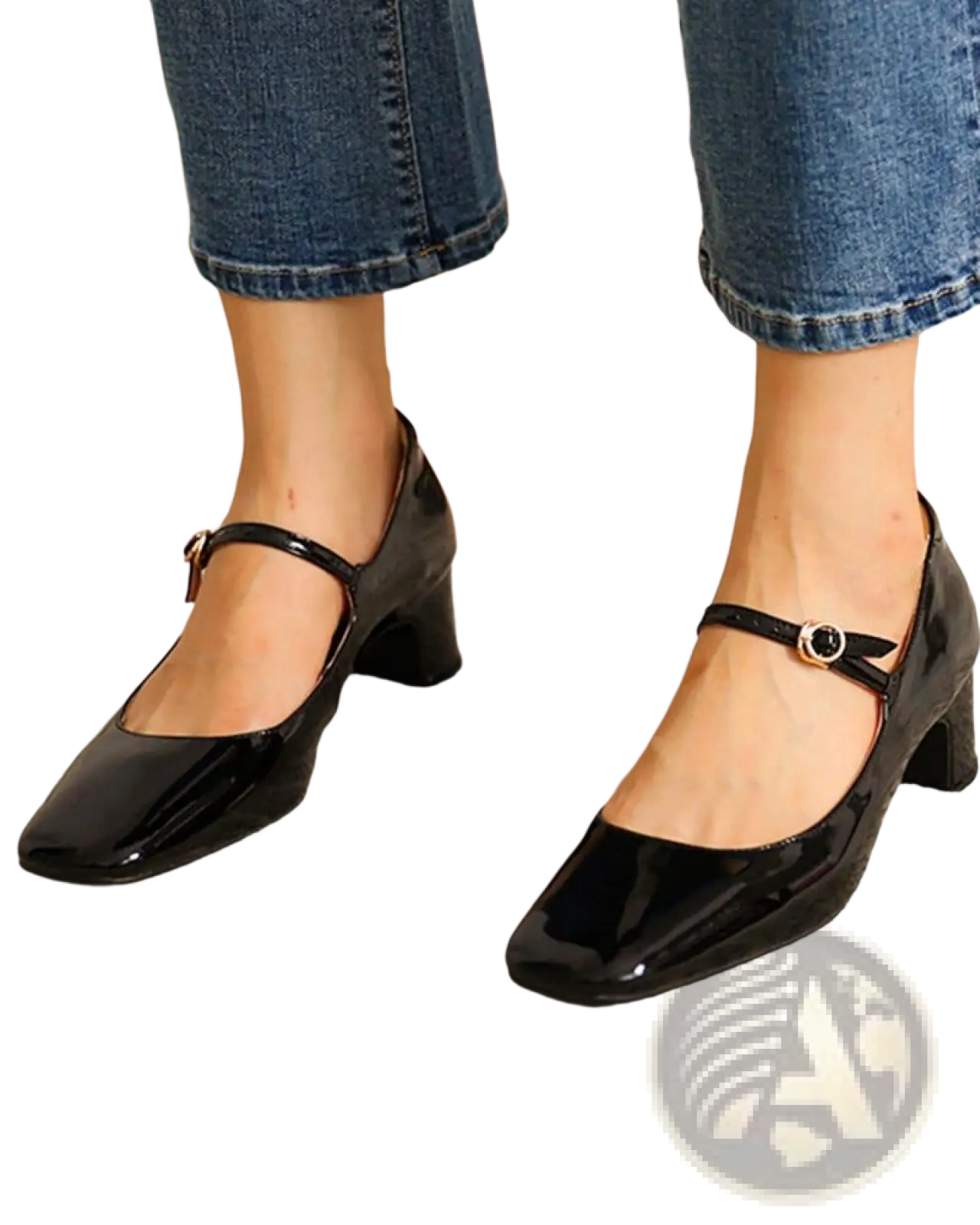 Black patent leather Mary Jane block heel shoes with square toe and low heel for stylish comfort
