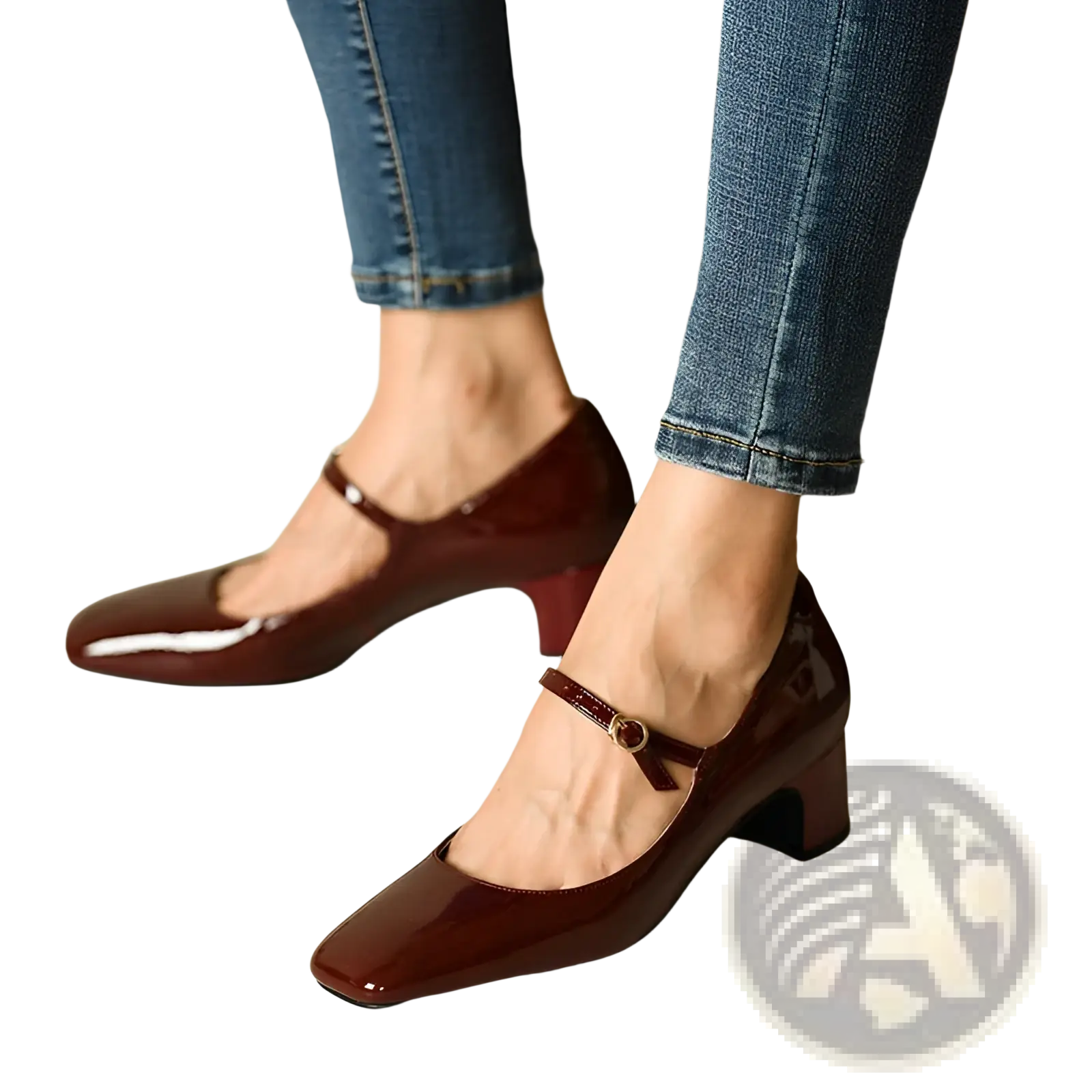 Burgundy patent leather mary jane block heel shoes with square toe and low block heel for stylish wear