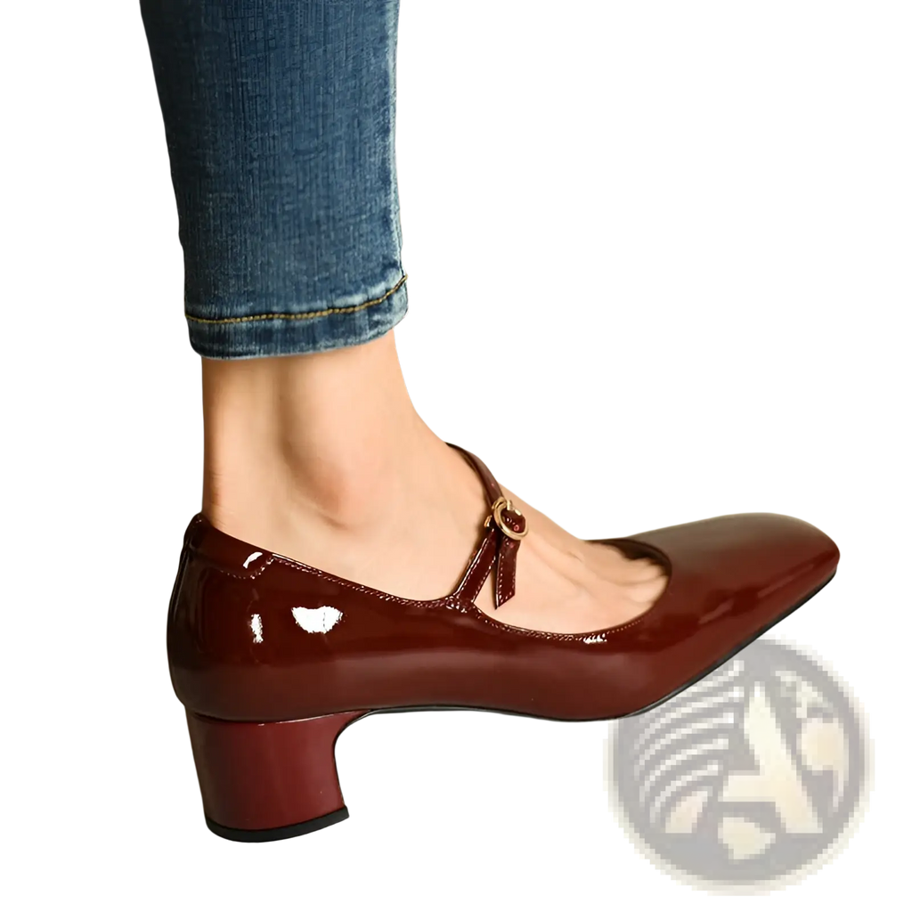 Patent leather mary jane block heel square toe shoes in burgundy with gold-toned buckle and patent leather material