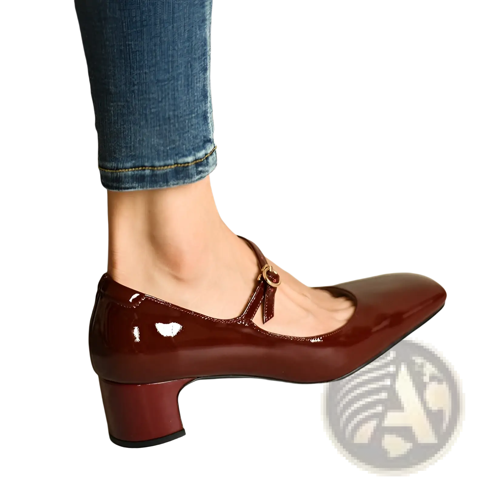 Patent leather mary jane block heel square toe shoes in burgundy with gold-toned buckle and patent leather material