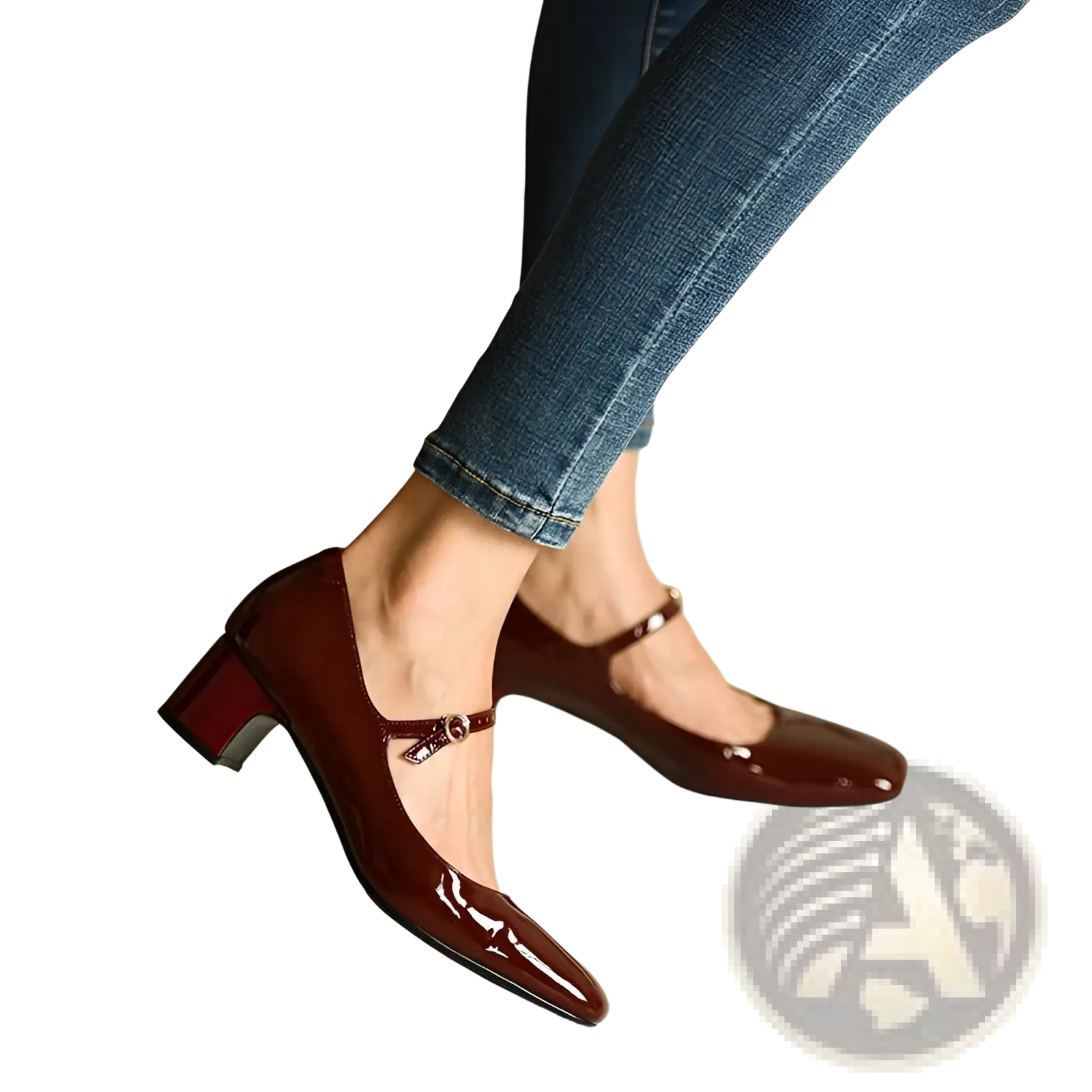 Burgundy patent leather mary jane block heel shoes with ankle strap and square toe for elegant wear