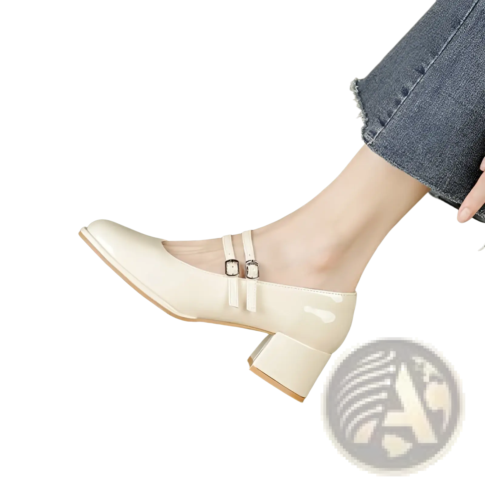 Cream-colored patent leather mary jane double strap block heels with two silver buckle straps for stylish wear