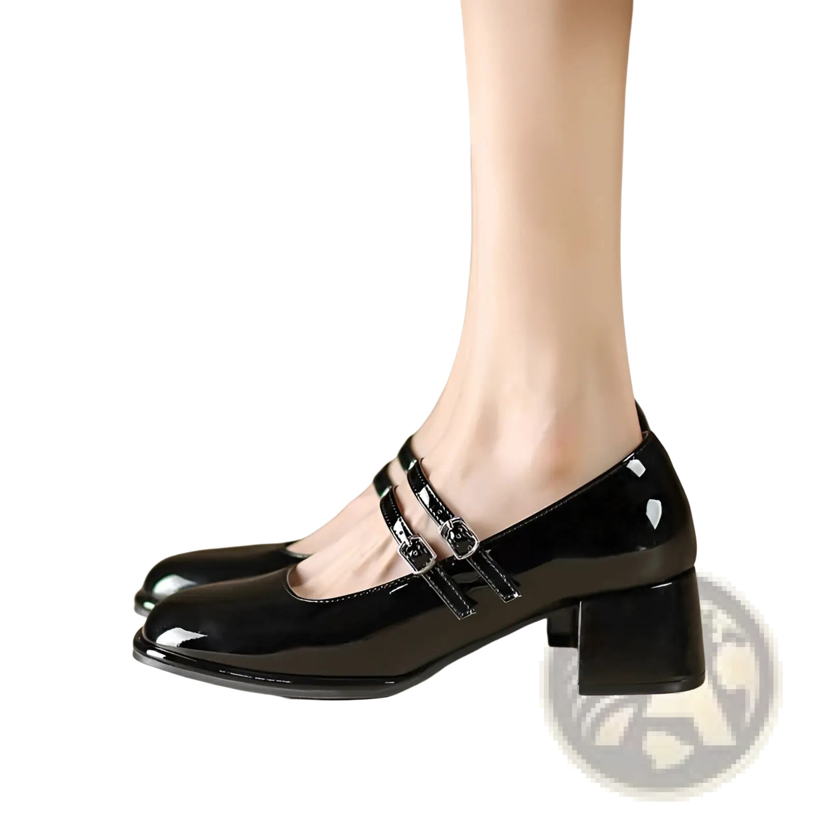 Black patent leather mary jane block heels with double buckle straps for stylish formal wear