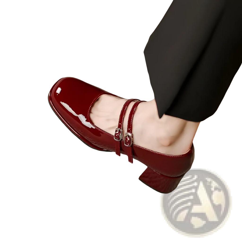Burgundy patent leather mary jane double strap block heel shoe with square toe and two adjustable ankle straps