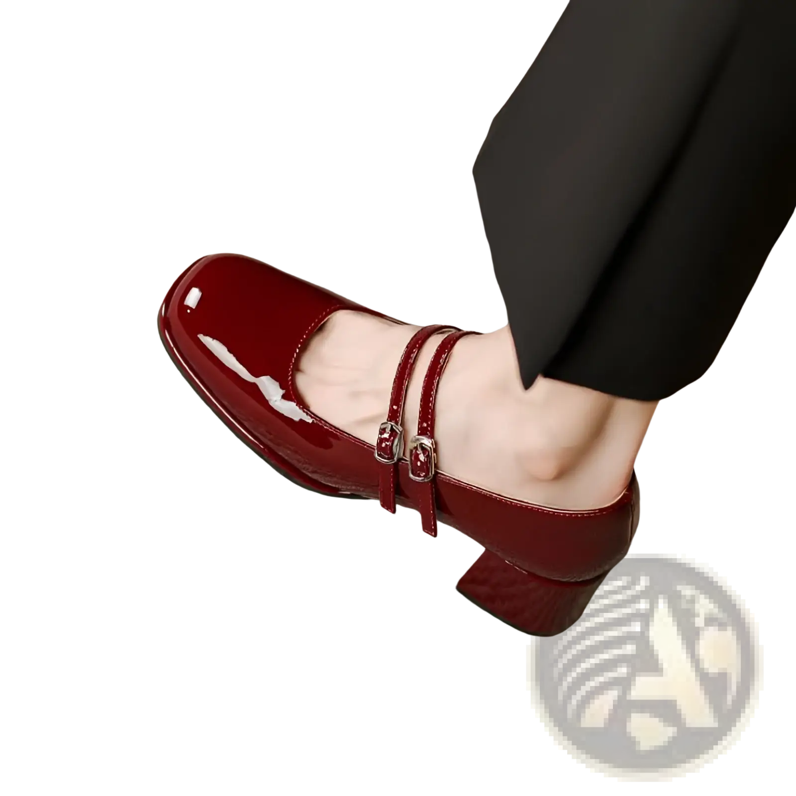 Burgundy patent leather mary jane double strap block heel shoe with square toe and two adjustable ankle straps