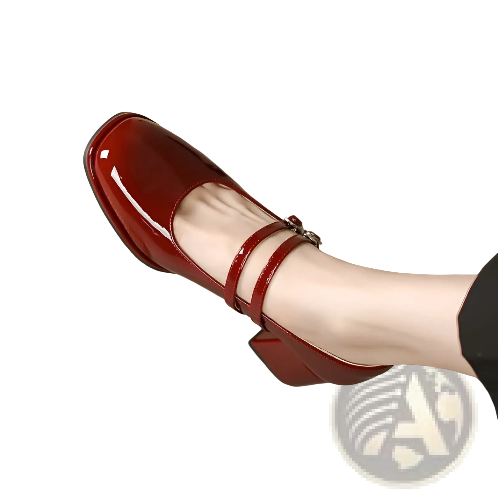 A glossy red patent leather mary jane shoe with double ankle straps and a square block heel