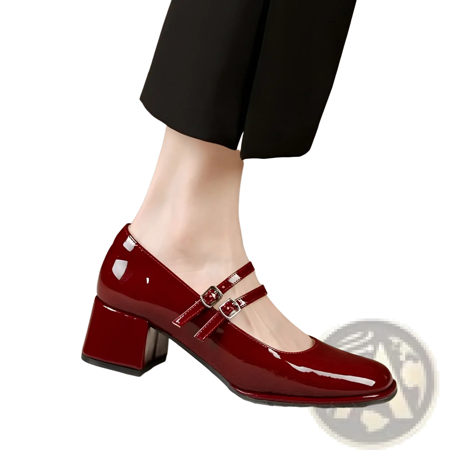 Burgundy patent leather mary jane double strap block heels with silver buckle straps for elegant wear