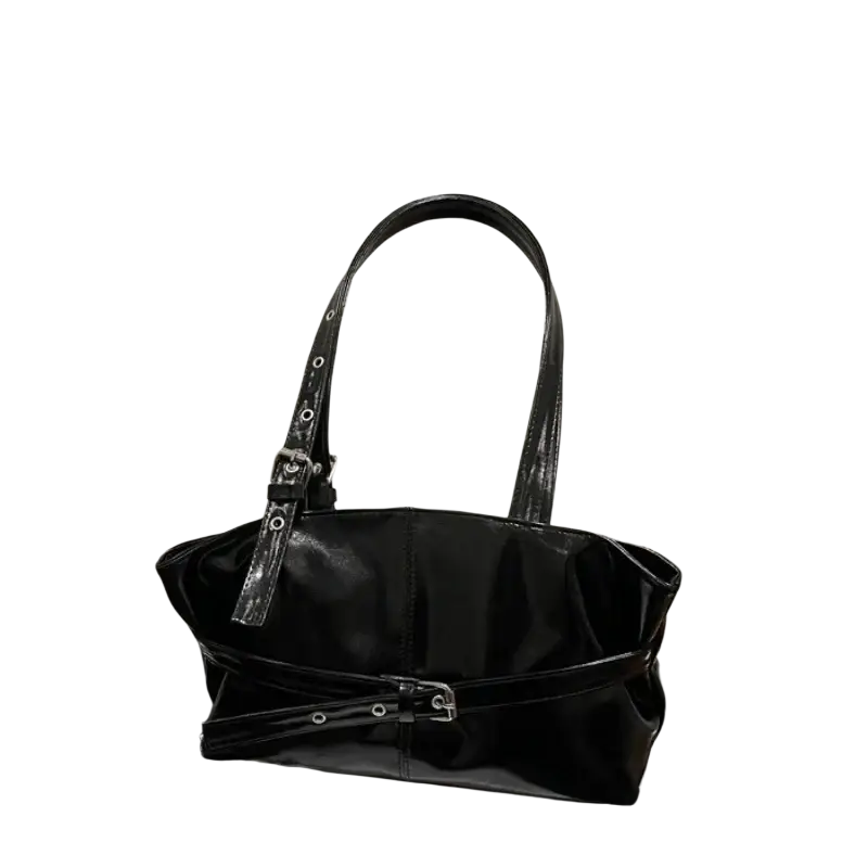 Black patent leather shoulder bag with glossy finish silver-toned buckle details and adjustable shoulder strap
