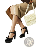 Black patent leather t-strap platform high heels featuring a decorative bow at the toe for elegant wear