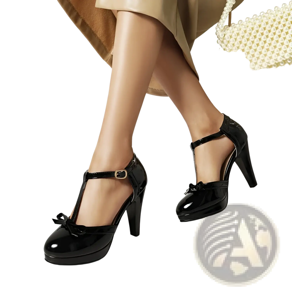 Patent leather black platform heels with t-strap and decorative bow at the toe for elegant formal wear