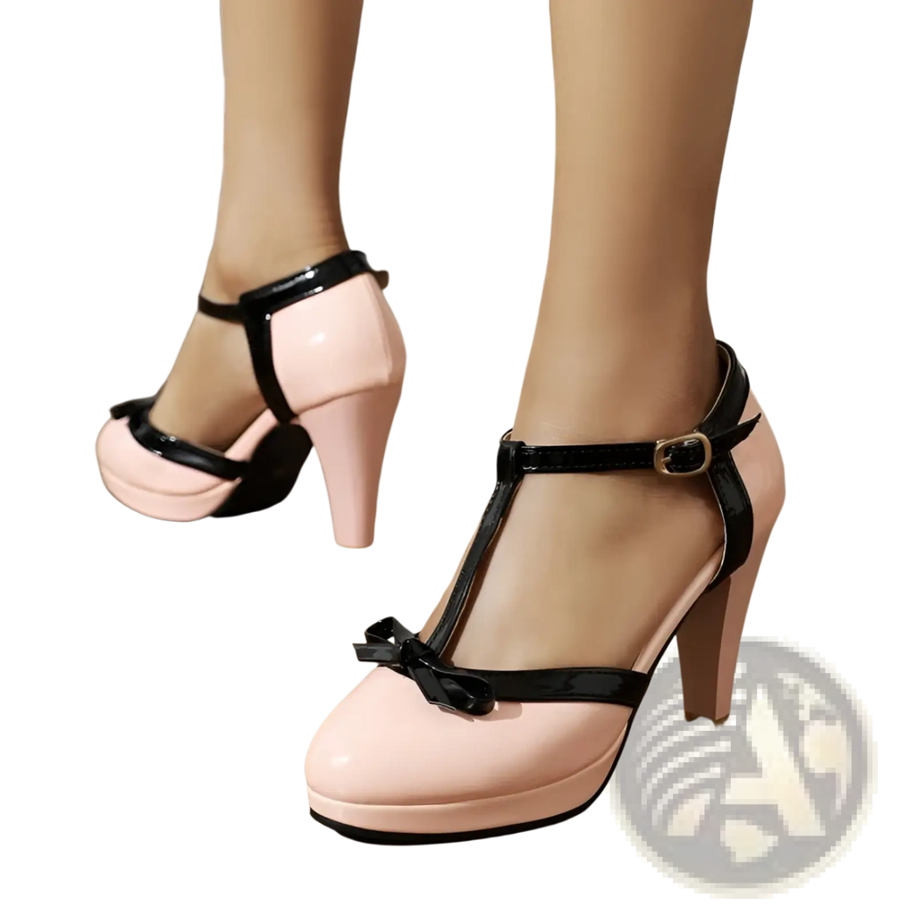 Pink patent leather t-strap platform high heels with black bow detail featuring a glossy finish