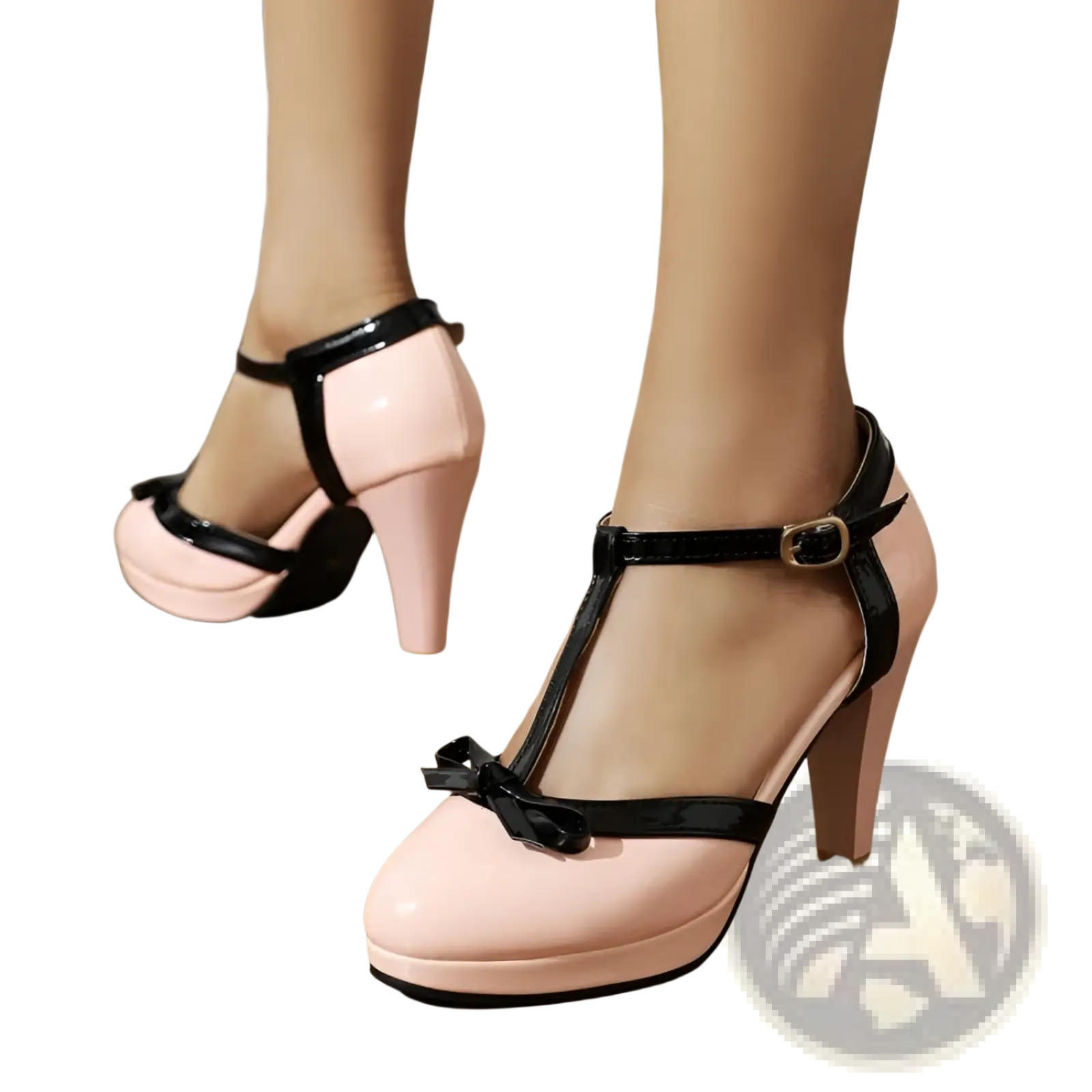 Pink patent leather platform high heels with black t-strap and bow detail from front side