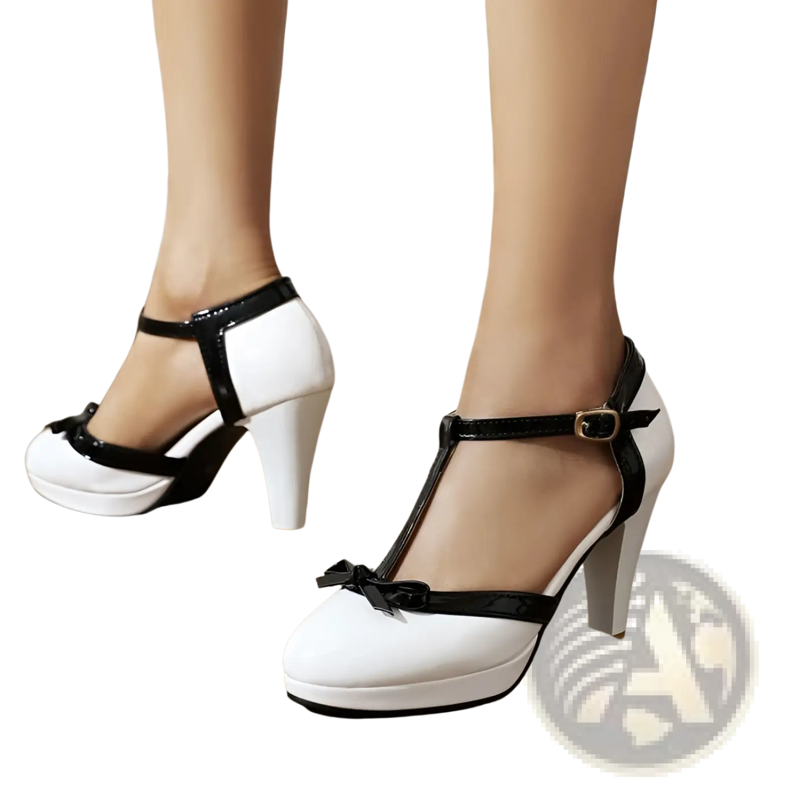 White platform heels with black patent leather t-strap and bow detail for stylish formal occasions