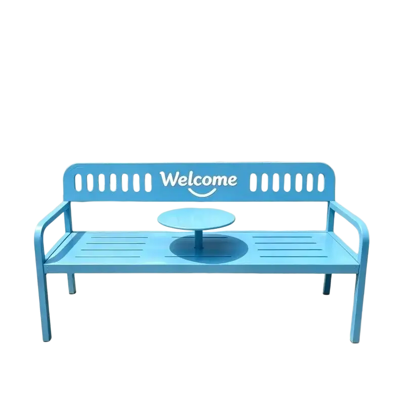 Bright blue metal patio bench with a circular center table and welcome text for outdoor furniture use