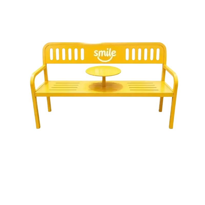 Bright yellow metal patio bench with built-in circular table and smile logo on backrest for outdoor furniture
