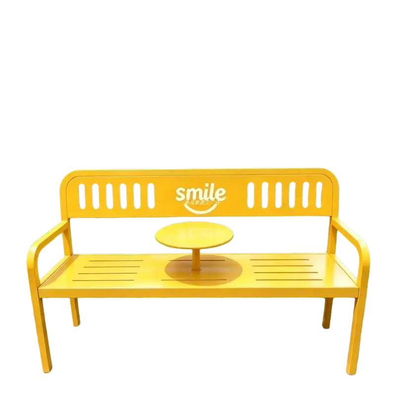 Bright yellow metal patio bench with smile logo and integrated circular center table for outdoor furniture use