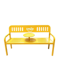 Bright yellow metal patio bench with smile logo and integrated circular center table for outdoor furniture use